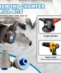 Versatile Diamond Step Chamfer Drill Bit Set Diamond Brazed With Multi Layer Tapered Reamer 20mm 35mm 50mm shown with tools