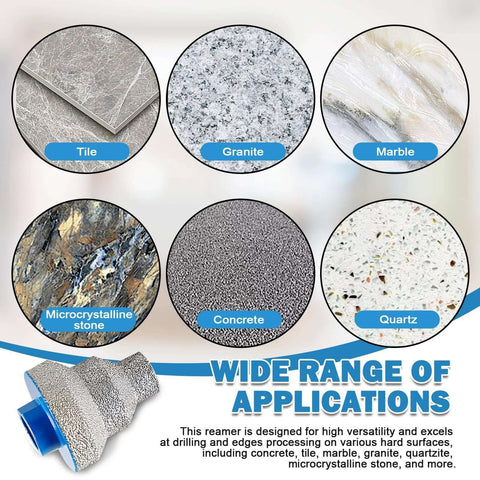 Image showing applications of the Versatile Diamond Step Chamfer Drill Bit Set Diamond Brazed With Multi Layer Tapered Reamer 20mm 35mm 50mm for various materials like tile, granite, marble, microcrystalline stone, concrete, and quartz.