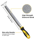 Diamond File Set 3 Piece 8 Inch Sharpener Kit With Flat Half Round And Round Files For Sharpening Lawn Mower Blades Garden Shears Axes Knives And Tools Featuring 120 Grit For Metalworking Tiles Ceramic Glass Stone And More close-up of round file with yellow handle and diamond grit