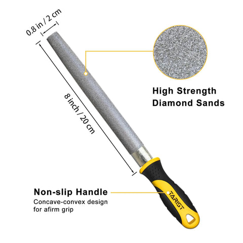 Diamond File Set 3 Piece 8 Inch Sharpener Kit With Flat Half Round And Round Files For Sharpening Lawn Mower Blades Garden Shears Axes Knives And Tools Featuring 120 Grit For Metalworking Tiles Ceramic Glass Stone And More close-up of round file with yellow handle and diamond grit