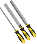 Diamond File Set 3 Piece 8 Inch Sharpener Kit with flat half round and round files, yellow and black ergonomic handles visible