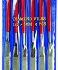 Six-Piece Flat Diamond Grit File Set with red handles in a blue PVC pouch