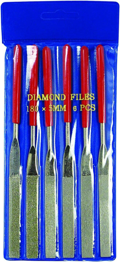 Six-Piece Flat Diamond Grit File Set with red handles in a blue PVC pouch