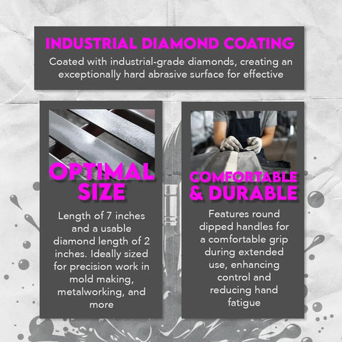 Infographic describing a Six‑Piece Flat Diamond Grit File Set with 7 inch length, 2 inch diamond surface, and diamond coating.
