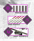 Composite image showing Six‑Piece Flat Diamond Grit File Set with precise filing, user-friendly design, and suitability for many materials.