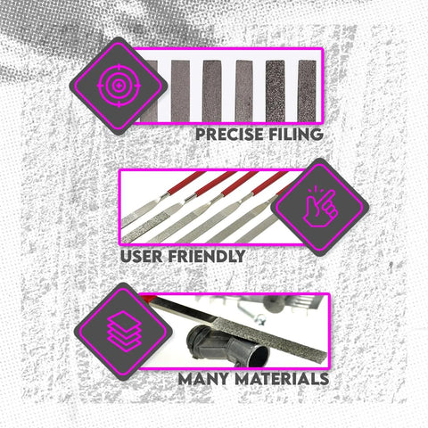 Composite image showing Six‑Piece Flat Diamond Grit File Set with precise filing, user-friendly design, and suitability for many materials.