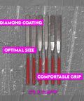 Six‑Piece Flat Diamond Grit File Set with 7 inch length, 2 inch diamond surface and red round handles displayed on gray background