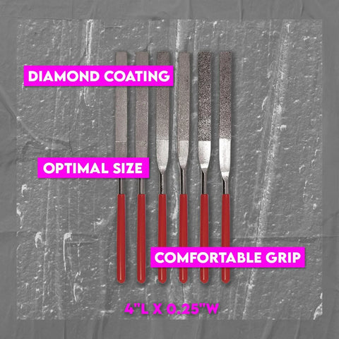 Six‑Piece Flat Diamond Grit File Set with 7 inch length, 2 inch diamond surface and red round handles displayed on gray background