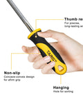 Hand holding an 8-inch diamond file from the Diamond File Set 3 Piece 8 Inch Sharpener Kit with ergonomic rubber handle and thumb rest.