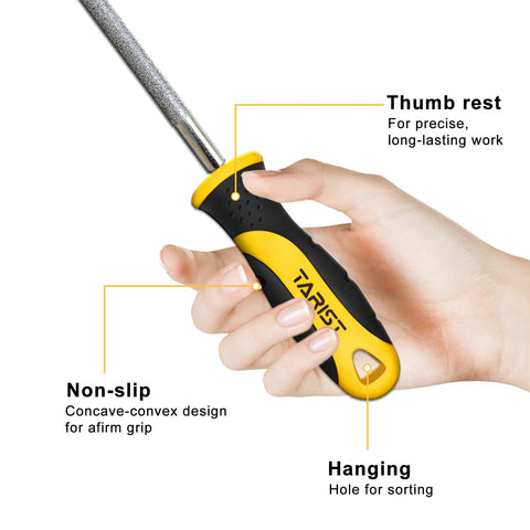 Hand holding an 8-inch diamond file from the Diamond File Set 3 Piece 8 Inch Sharpener Kit with ergonomic rubber handle and thumb rest.