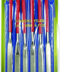 Six‑Piece Flat Diamond Grit File Set in packaging with 7-inch files, red handles, and blue PVC pouch.