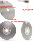 Close-up of 4 Inch Diamond Flat Lap Disc 100mm Grit 320 Coated Grinding Disk with side view, front view, and edge details
