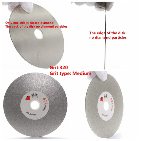 Close-up of 4 Inch Diamond Flat Lap Disc 100mm Grit 320 Coated Grinding Disk with side view, front view, and edge details