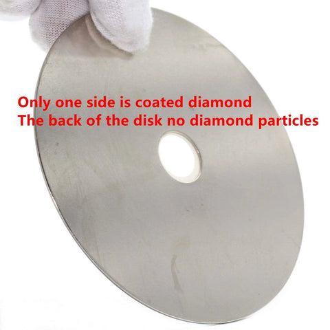 Side view of 4 Inch Diamond Flat Lap Disc 100mm Grit 320 Coated Grinding Disk with Five Eighths Inch Arbor, one side showing diamond coating.