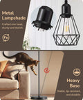 70 Inch Farmhouse Floor Lamp With Diamond Cage Shade And Dimmable Lighting Includes Three LED Edison Bulbs Rustic Tree Corner Accent For Living Room Bedroom Or Office Black Finish Modern Cozy Vibe Lighting, showing metal lampshade and heavy base.