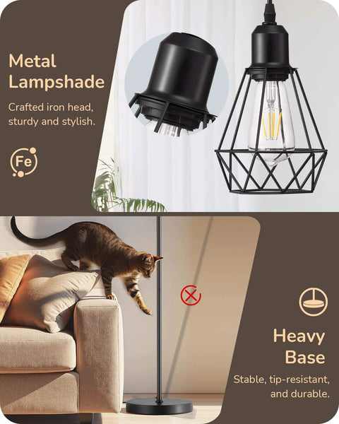 70 Inch Farmhouse Floor Lamp With Diamond Cage Shade And Dimmable Lighting Includes Three LED Edison Bulbs Rustic Tree Corner Accent For Living Room Bedroom Or Office Black Finish Modern Cozy Vibe Lighting, showing metal lampshade and heavy base.
