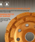 Close-up view of high strength diamond grinding wheel with double row segments for wet or dry use, featuring key specs.