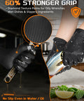 9 Mil Nitrile Gloves With Raised Diamond Grip Chemical Resistant Latex Free shown handling a fish and wrench, highlighting strong grip.