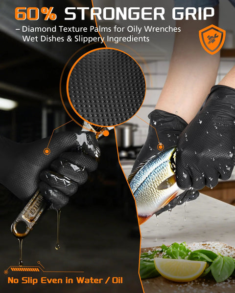 9 Mil Nitrile Gloves With Raised Diamond Grip Chemical Resistant Latex Free shown handling a fish and wrench, highlighting strong grip.