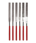 Six-Piece Flat Diamond Grit File Set with red round handles for precision shaping and deburring, 7 inch length, 2 inch diamond surface.