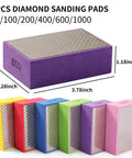 Six Piece Diamond Hand Polishing Pads Set 60 To 1000 Grit For Tile Glass Stone, showing multicolor pads with measurements.