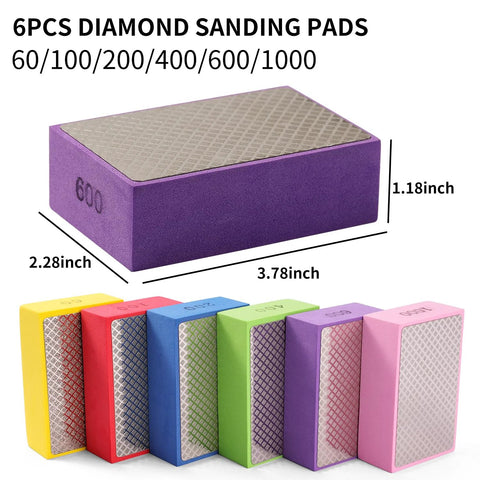 Six Piece Diamond Hand Polishing Pads Set 60 To 1000 Grit For Tile Glass Stone, showing multicolor pads with measurements.