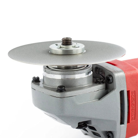 Front view of 4 Inch Diamond Flat Lap Disc 100mm Grit 320 Coated Grinding Disk With Five Eighths Inch Arbor mounted on tool.
