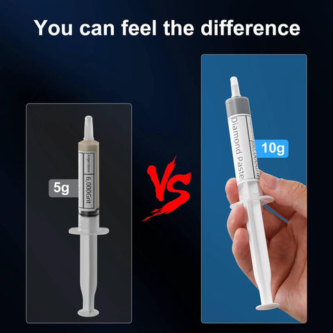 Comparison of 5g and 10g syringes from Extra Large Diamond Polishing Compound Kit 100g with Ten Tubes of Forty Percent Diamond Paste Grit 450 to 80000 for Metal Glass Jewelry Resin Marble Watches and Watch Dials Polishing and Finishing Kit.
