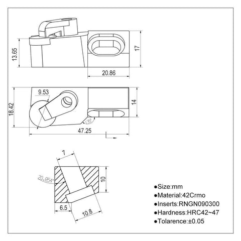 Technical drawing of Diamond PCD CBN Round Insert Tool Holder For RNGN0903 RNGN32 Three Eighths Turning Milling Tools showing measurements.
