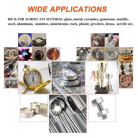 Collage showing various uses of 80000 Grit Diamond Polishing Paste With Twenty Five Percent Diamond Powder Point One Micron For Metal Glass Stone Resin Watch Jewelry Gemstones Oil Based High Performance Delivers Mirror Like Finish On Metal Glass Stone Resin And Watch Parts 50 Gram Pack.