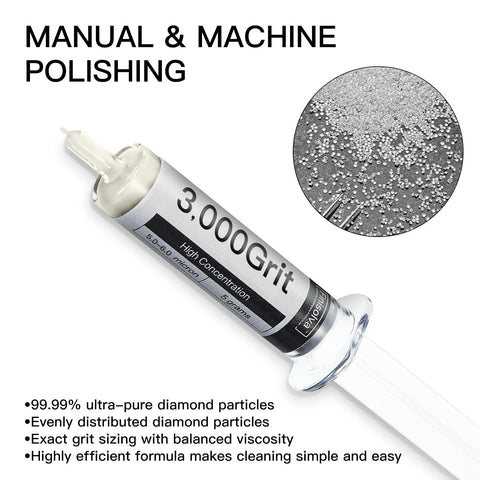 Diamond polishing compound with 30% diamond powder, 5-6 micron grit, oil-based paste in syringe for glass and marble.