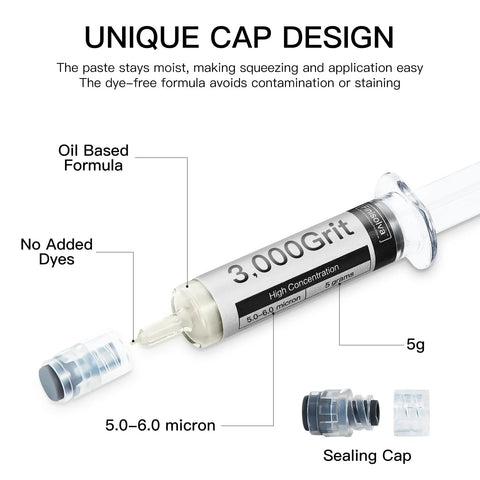 Diamond polishing compound with 30% diamond powder, 5-6 micron grit, oil-based paste in syringe with cap design