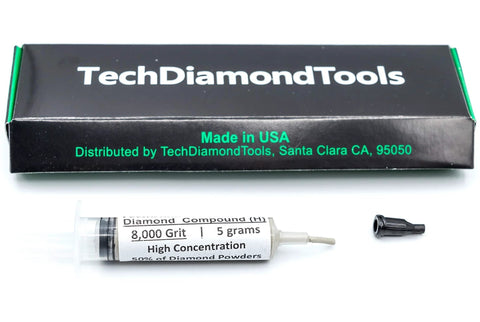 Diamond Polishing Compound Paste 8000 Grit 0-2 Microns For Marble Glass Metal Jewelry Resin Silver Chrome Gemstone USA Made Oil Based High Concentration Of Diamond Powder Delivers Precise Mirror Finish In Professional Workshops And Diy Projects syringe and box