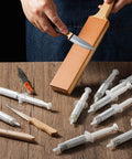 Extra Large Diamond Polishing Compound Kit 100g With Ten Tubes Of Forty Percent Diamond Paste Grit 450 To 80000 For Metal Glass Jewelry Resin Marble Watches And Watch Dials Polishing And Finishing Kit, syringes on table, hand polishing knife on leather strop