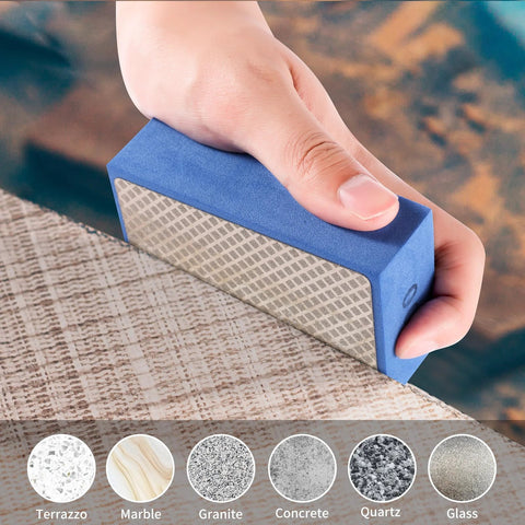 Hand using Six Piece Diamond Hand Polishing Pads Set 60 To 1000 Grit for tile, demonstrating polishing capability on various surfaces.
