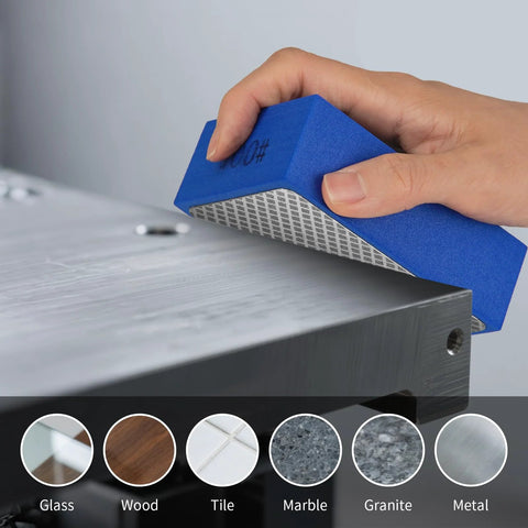 Hand polishing metal with blue diamond polishing pad, showcasing Diamond Polishing Pads 60 120 200 400 Grits For Wood Tile Glass Sanding Blocks