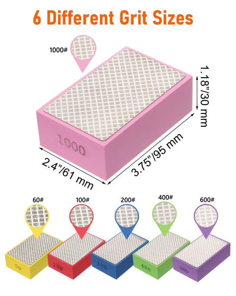 Diamond Polishing Pads Set 6 Grits 60 100 200 400 600 1000 With Foam Backing in various colors and sizes, labeled with dimensions