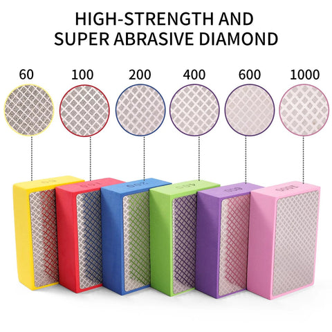 Six Piece Diamond Hand Polishing Pads Set 60 to 1000 Grit for Tile Glass Stone with color variations and grit labels