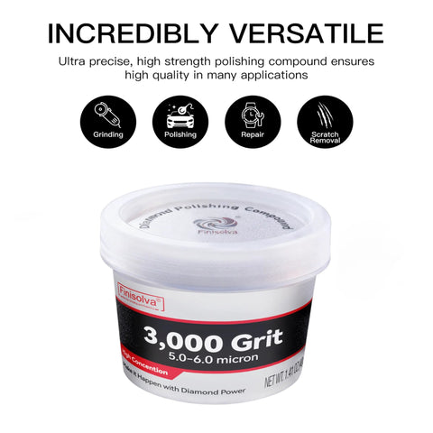 Diamond polishing paste, 3,000 grit, in 1.41 oz bottle for mirror finishes on various surfaces. Includes focus keyword: "Achieve stunning mirror finishes on marble, glass, metal, jewelry, resin and more with this high density diamond polishing paste, 30% real diamond powder and 3,000 grit for fast scratch removal and flawless shine in hand or machine use."