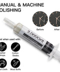 Syringe of 3,000 grit from Eight-pack diamond polishing paste kit, showing before and after clock finishes, and recommended tools.