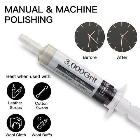 Syringe of 3,000 grit from Eight-pack diamond polishing paste kit, showing before and after clock finishes, and recommended tools.