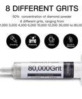 Efficient 8 pack diamond polishing paste kit delivers fast scratch removal and mirror finishes on glass, metal, stone, resin, and jewelry with 50% diamond content in eight 5g syringes, grits from 80k to 1k, oil-based for hand or machine polishing.