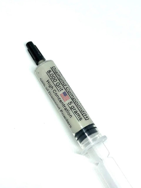 Diamond Polishing Compound Paste 8000 Grit 0-2 Microns, syringe packaging, oil-based, USA made for metal and glass polishing.