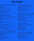 Grit guide detailing polishing levels from 80,000 grit for ultra-fine mirror shine to 360 grit for medium-fast lapping and stock removal.