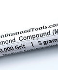 Tube labeled 'Diamond Compound 50,000 Grit, 5 grams,' suitable for jewelry making and metalworking with USA made quality.
