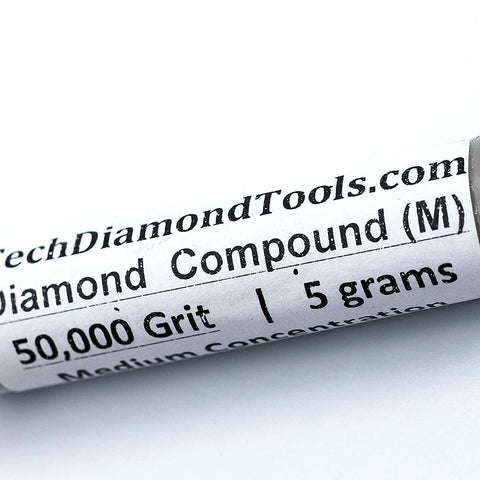 Tube labeled 'Diamond Compound 50,000 Grit, 5 grams,' suitable for jewelry making and metalworking with USA made quality.