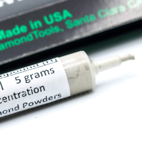 Close-up of USA made diamond polishing paste with 3000 grit high concentration diamond powder in 5 grams syringe.