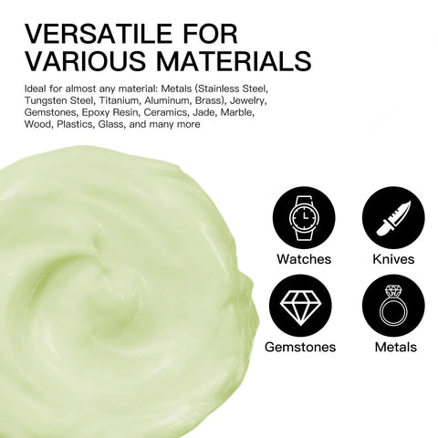 Image of diamond polishing paste highlighting its versatility for various materials like metals, gemstones, and more.