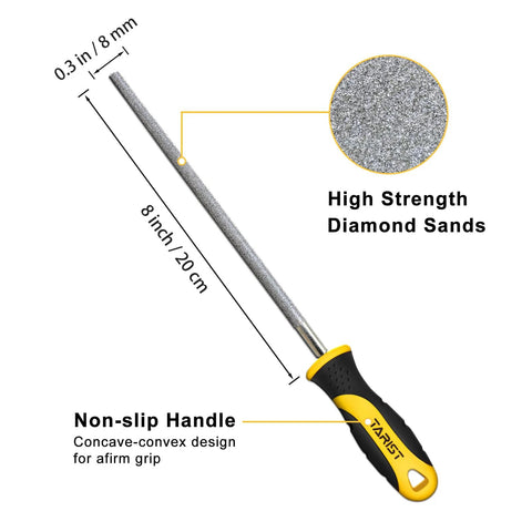 Diamond File Set 3 Piece 8 Inch Sharpener Kit round file with non-slip rubber handle and diamond sands for sharpening tools.