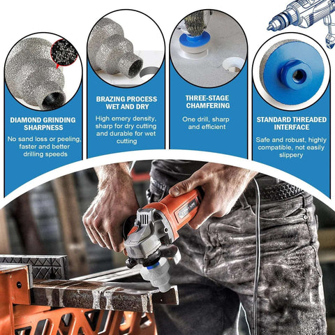 Versatile Diamond Step Chamfer Drill Bit Set Diamond Brazed With Multi Layer Tapered Reamer being used on a metal workbench